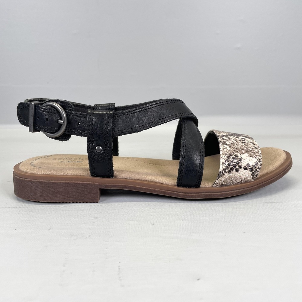 Clarks Declan Spring Sandals Womens Size 6 Black Leather Snakeskin Strap Shoes